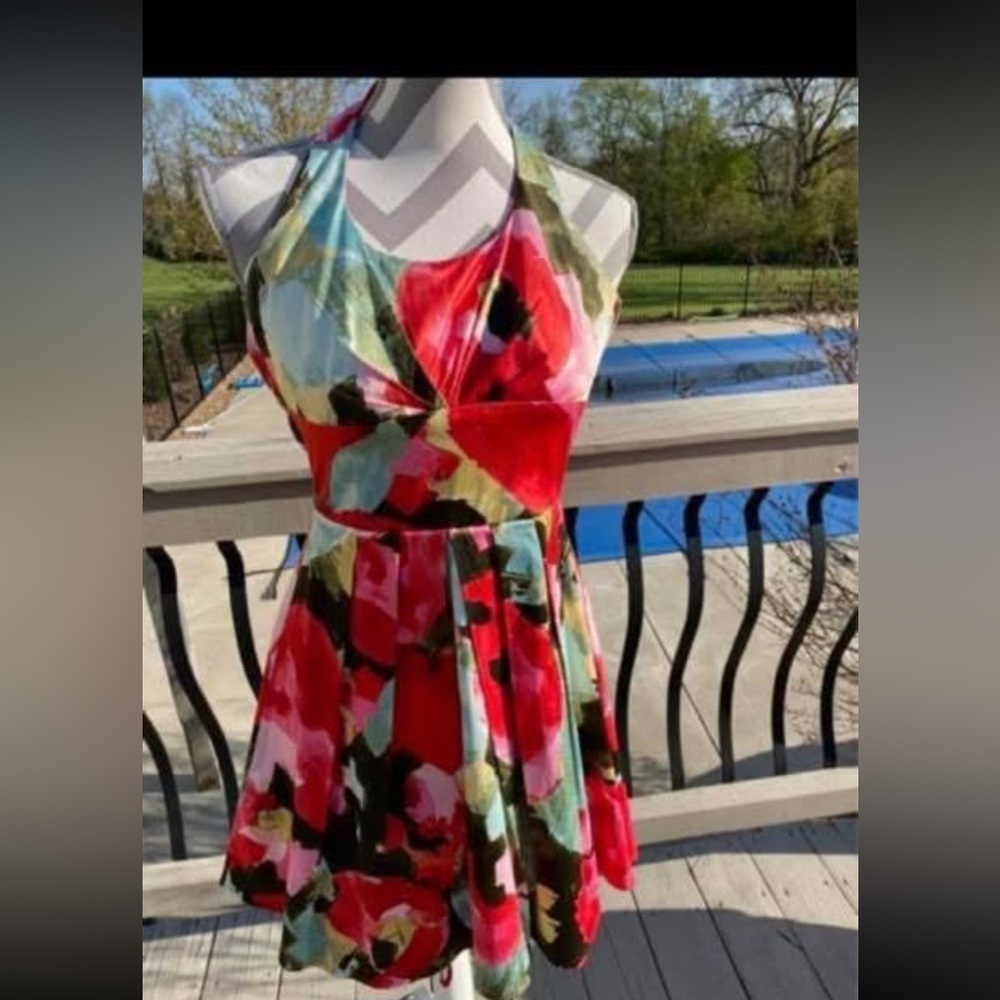 Red and Pink Halter Dress with Flared Skirt